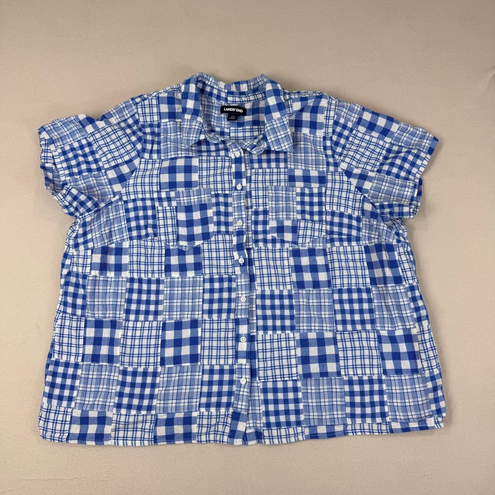 Lands End Womens 2X Blue White Patchwork Gingham Plaid Cotton Button Up Shirt